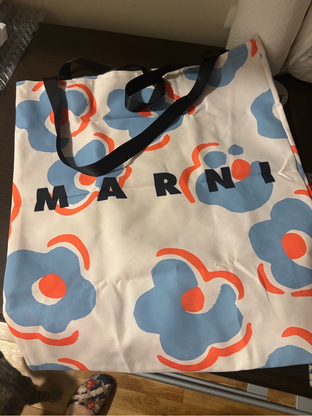 Marni big White Tote with Blue Floral Print and Orange Accents